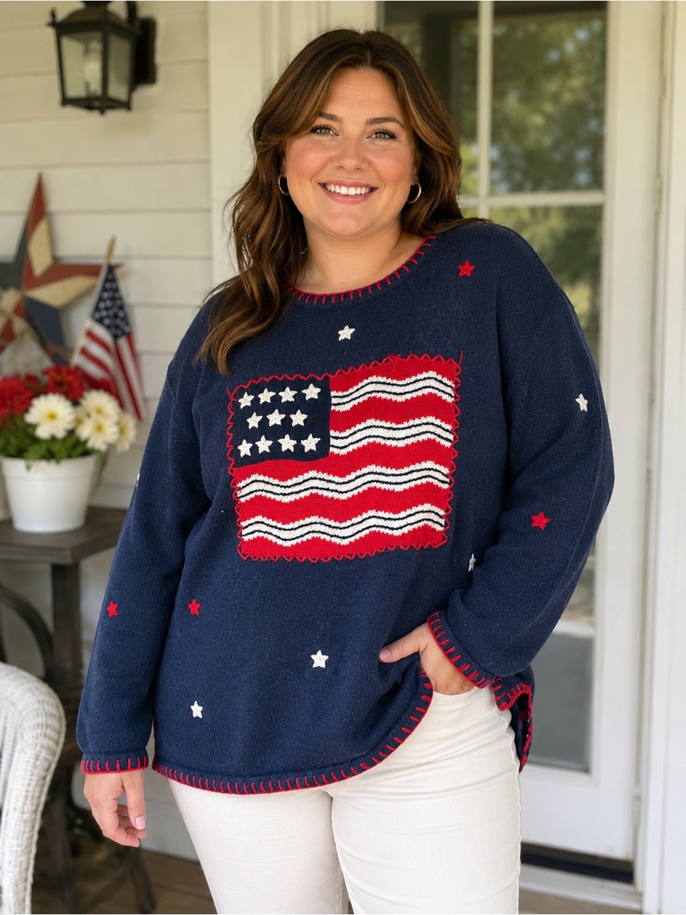 Vintage The Quacker Factory Patriotic American Flag Sweater Women's 1X